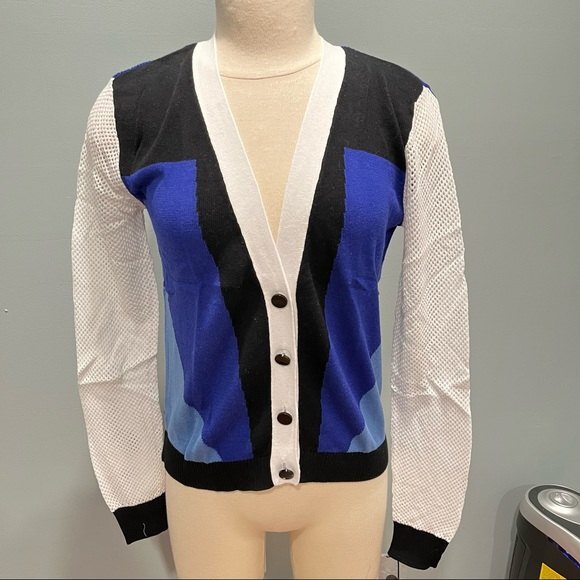 NWT Peter Pilotto for Target Blue White Colorblock Cardigan Sweater Mesh Sleeves - Picture 1 of 10